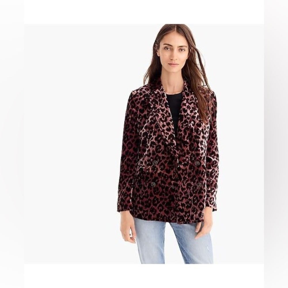 J.Crew Double Breasted Drapey Velvet Blazer in Rose Leopard Print Jacket
